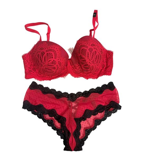 Victoria's Secret Other - Victoria’s Secret Dream Angels Bra Set 36C M Red Black Lace Demi Cheeky NWT